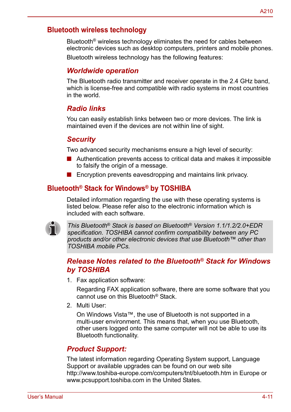 Bluetooth wireless technology, Bluetooth, Stack for windows | By toshiba | Toshiba Equium A210 User Manual | Page 69 / 170