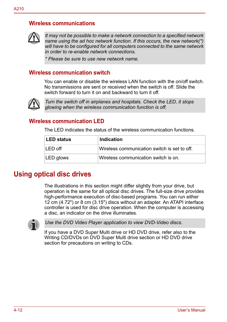 Using optical disc drives, Using optical disc drives -12, Wireless communication led | Toshiba Equium A210 User Manual | Page 70 / 170