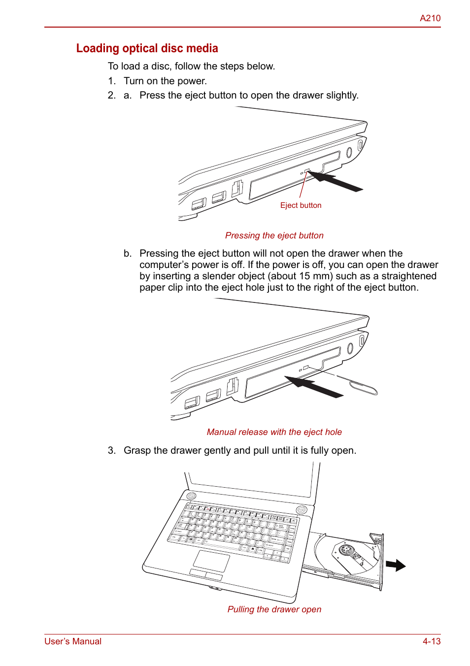 Loading optical disc media | Toshiba Equium A210 User Manual | Page 71 / 170