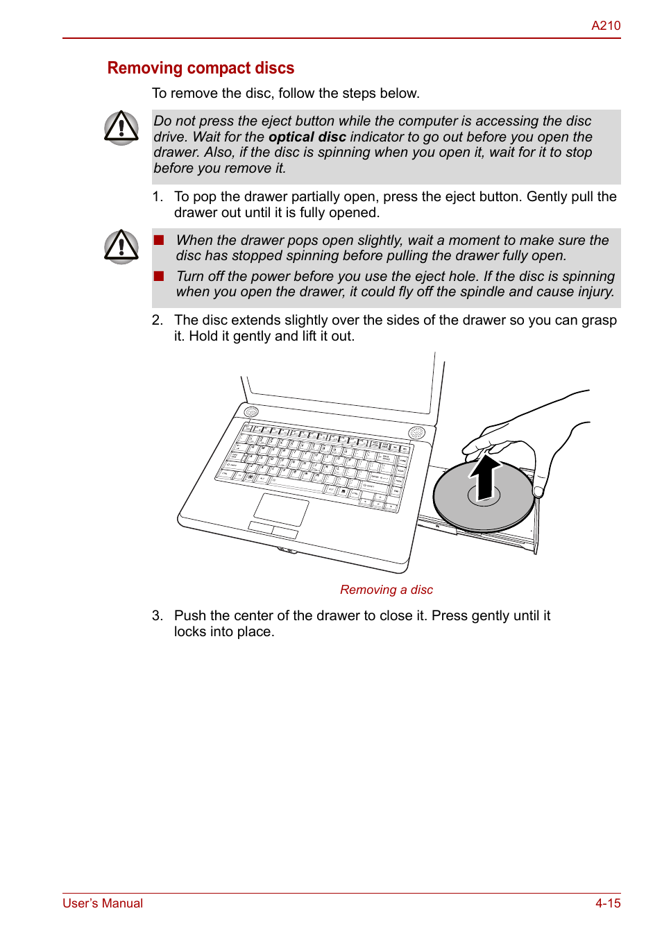 Removing compact discs | Toshiba Equium A210 User Manual | Page 73 / 170