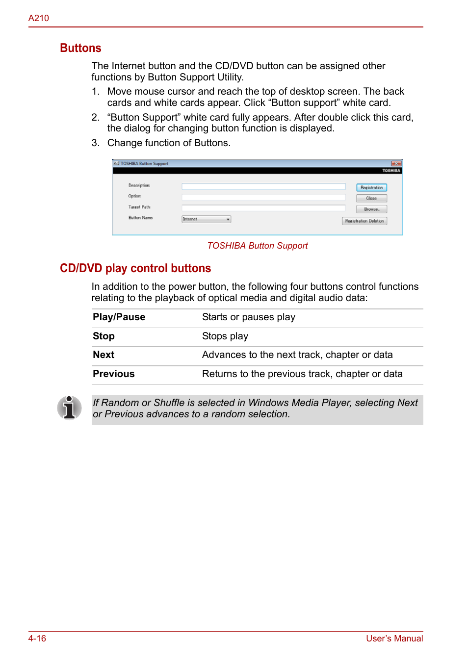 Buttons, Cd/dvd play control buttons | Toshiba Equium A210 User Manual | Page 74 / 170