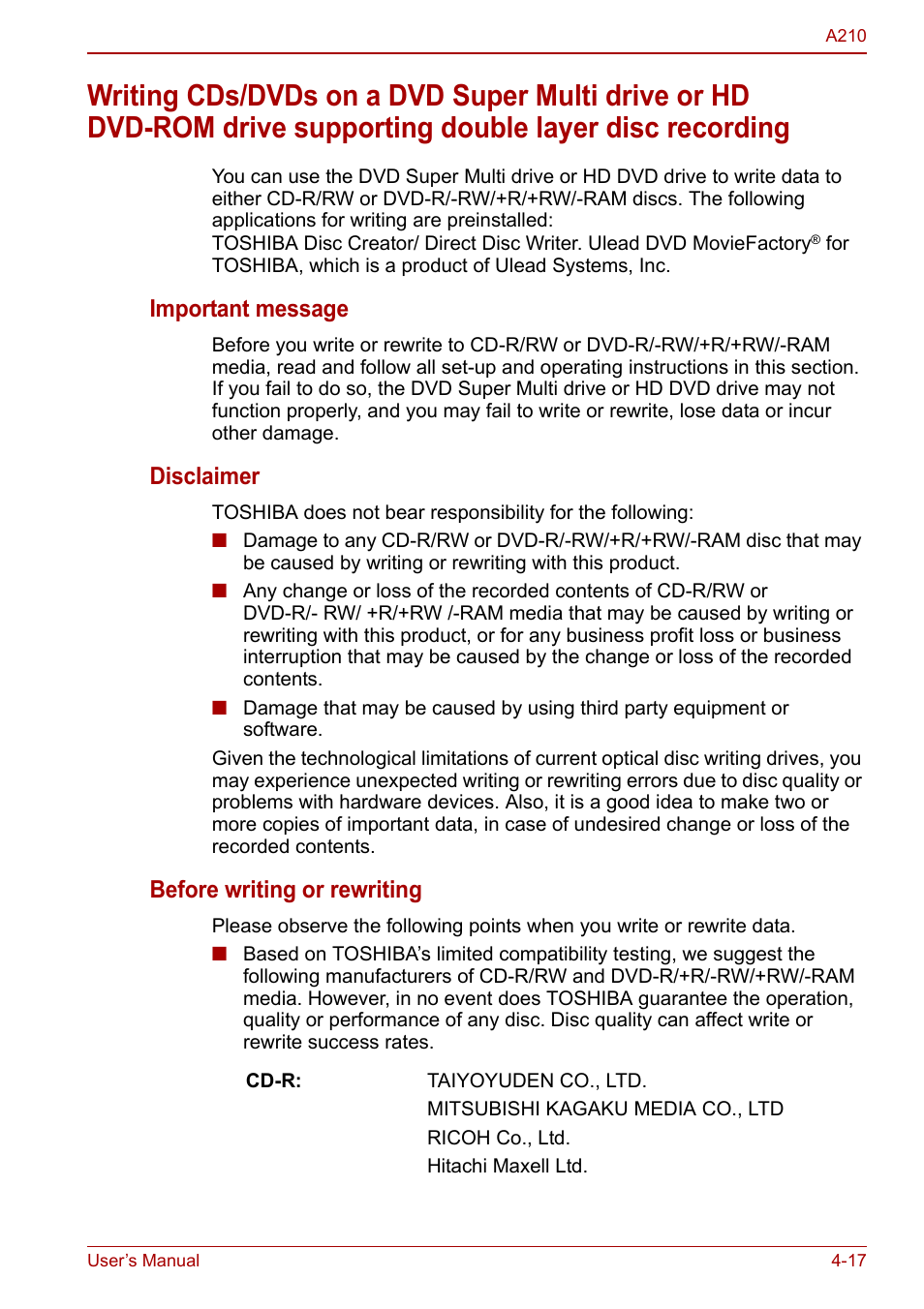 Writing cds/dvds on a dvd super multi drive or, Important message, Disclaimer | Before writing or rewriting | Toshiba Equium A210 User Manual | Page 75 / 170