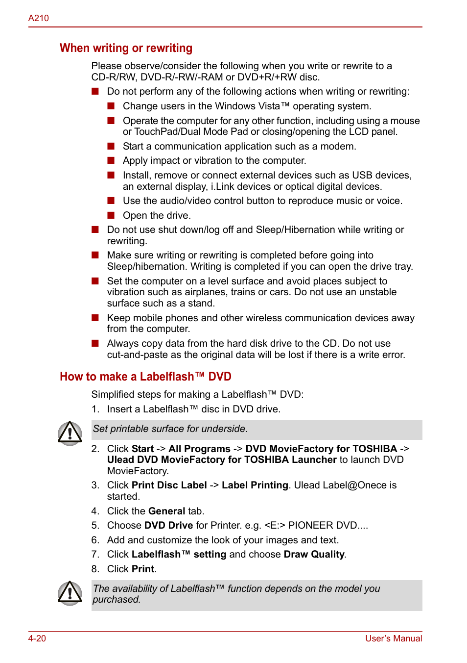 When writing or rewriting, How to make a labelflash™ dvd | Toshiba Equium A210 User Manual | Page 78 / 170