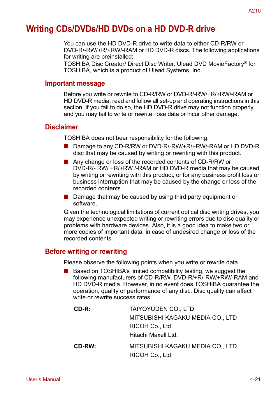 Writing cds/dvds/hd dvds on a hd dvd-r drive, Writing cds/dvds/hd dvds on a hd dvd-r drive -21, Important message | Disclaimer, Before writing or rewriting | Toshiba Equium A210 User Manual | Page 79 / 170