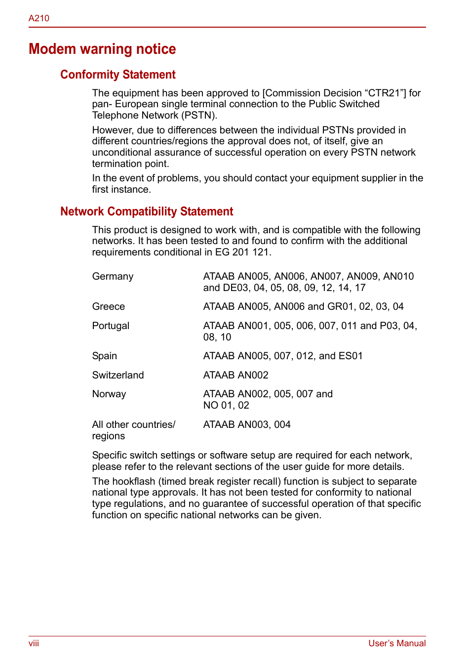 Modem warning notice, Conformity statement, Network compatibility statement | Toshiba Equium A210 User Manual | Page 8 / 170