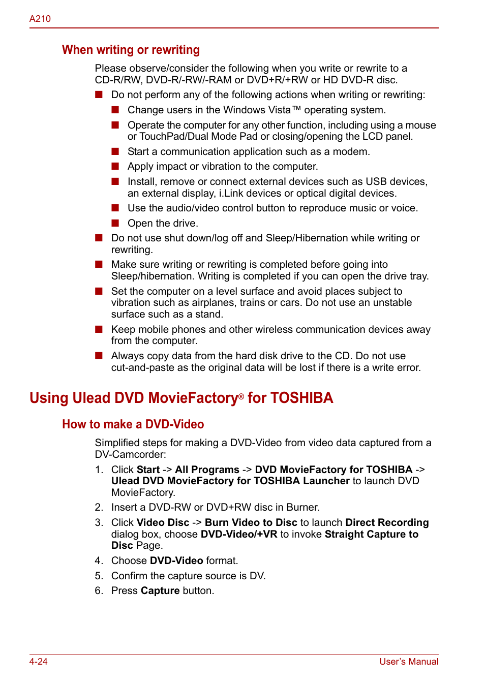 Using ulead dvd moviefactory® for toshiba, Using ulead dvd moviefactory® for toshiba -24, Using ulead dvd moviefactory | For toshiba, When writing or rewriting, How to make a dvd-video | Toshiba Equium A210 User Manual | Page 82 / 170