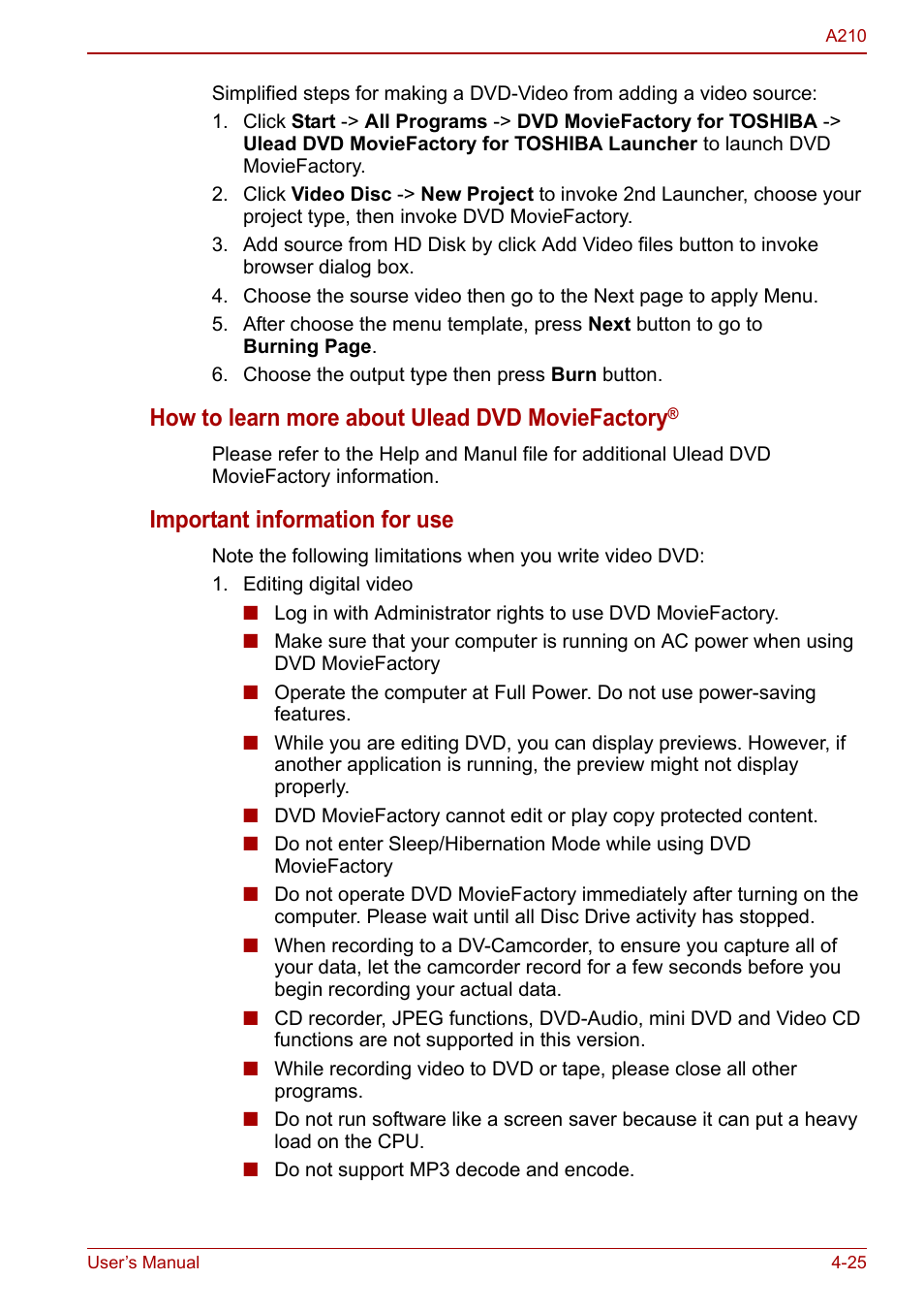 How to learn more about ulead dvd moviefactory, Important information for use | Toshiba Equium A210 User Manual | Page 83 / 170