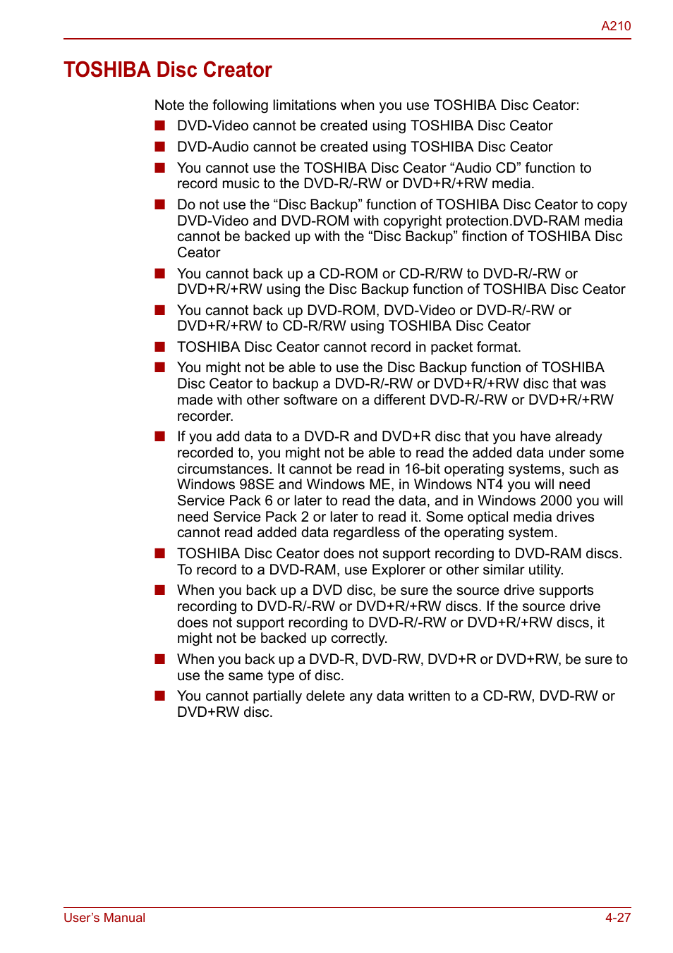 Toshiba disc creator, Toshiba disc creator -27 | Toshiba Equium A210 User Manual | Page 85 / 170