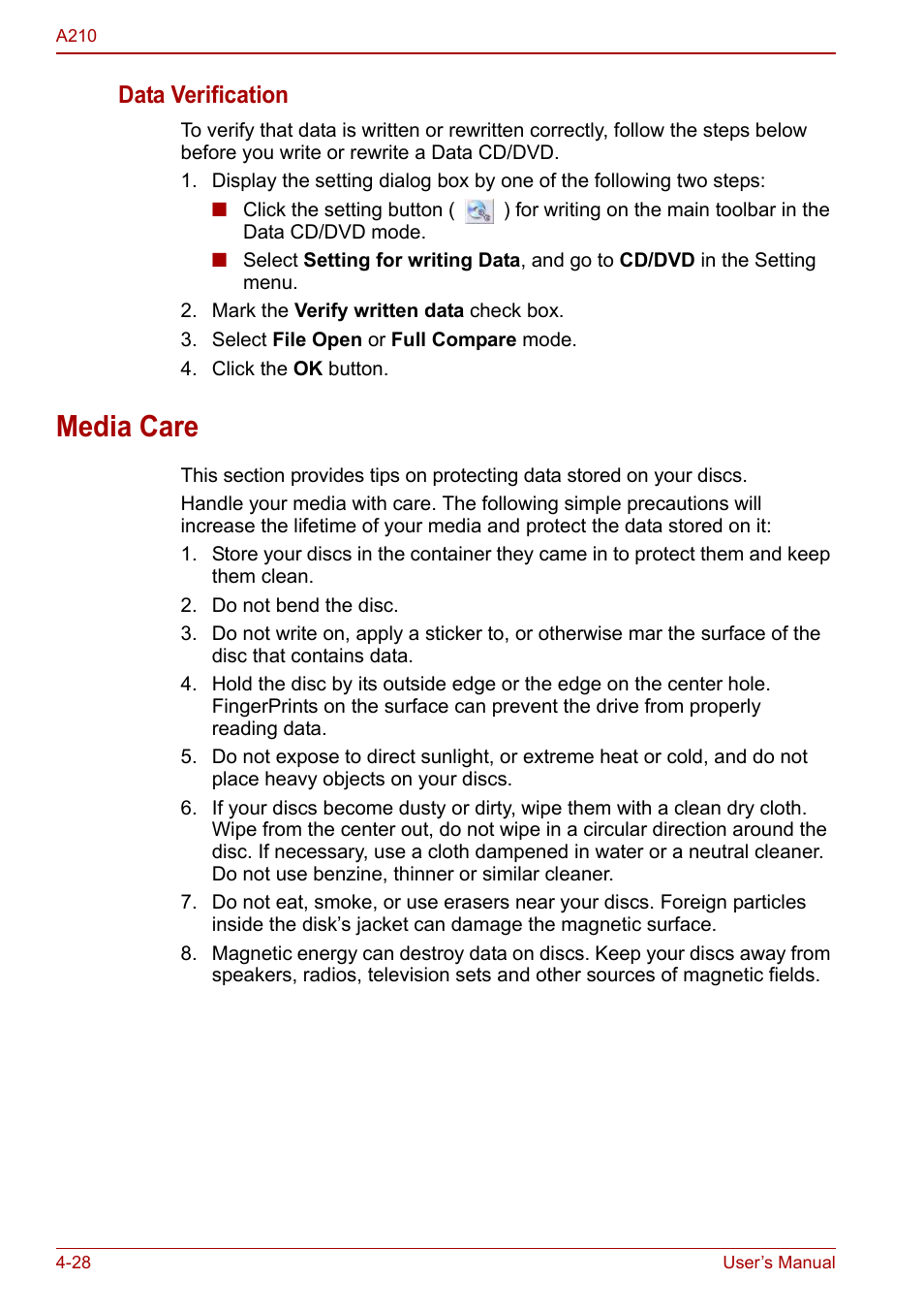 Media care, Media care -28, Data verification | Toshiba Equium A210 User Manual | Page 86 / 170