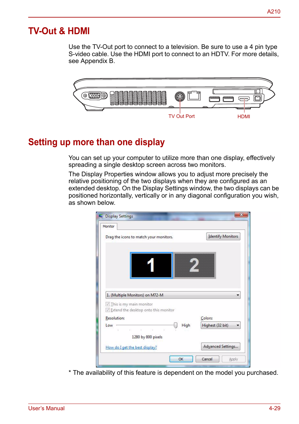 Tv-out & hdmi, Setting up more than one display | Toshiba Equium A210 User Manual | Page 87 / 170