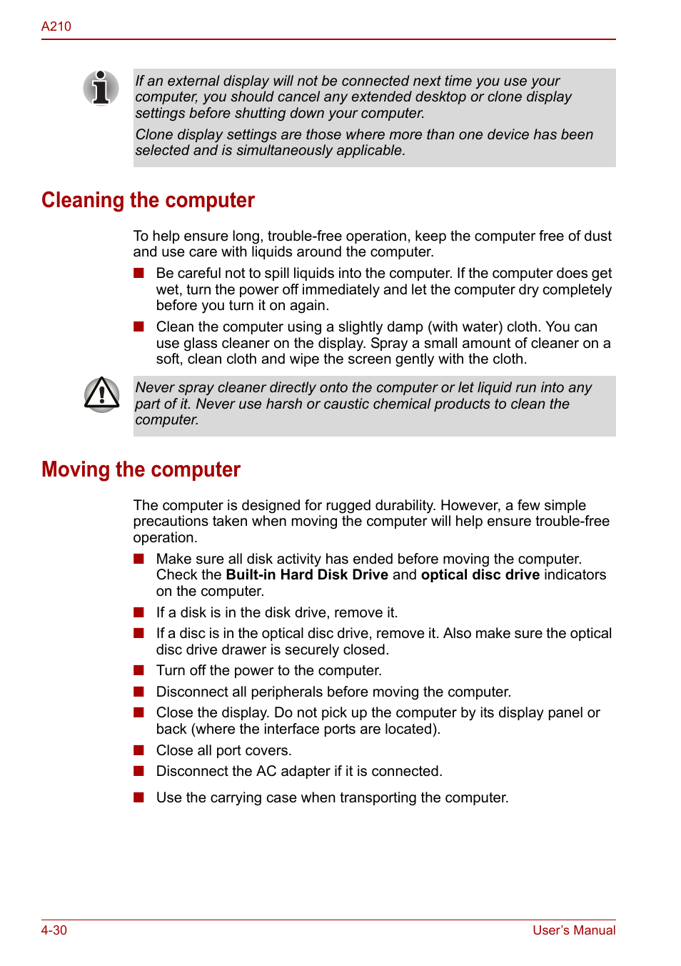 Cleaning the computer, Moving the computer, Cleaning the computer -30 moving the computer -30 | Toshiba Equium A210 User Manual | Page 88 / 170