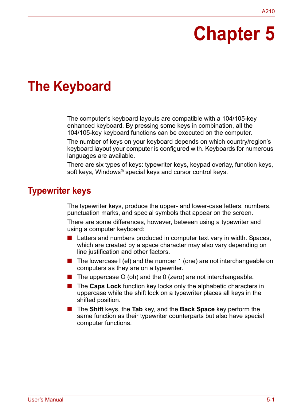 Chapter 5 - the keyboard, Typewriter keys, Chapter 5 | The keyboard, Typewriter keys -1, Describ, Keyboard | Toshiba Equium A210 User Manual | Page 89 / 170