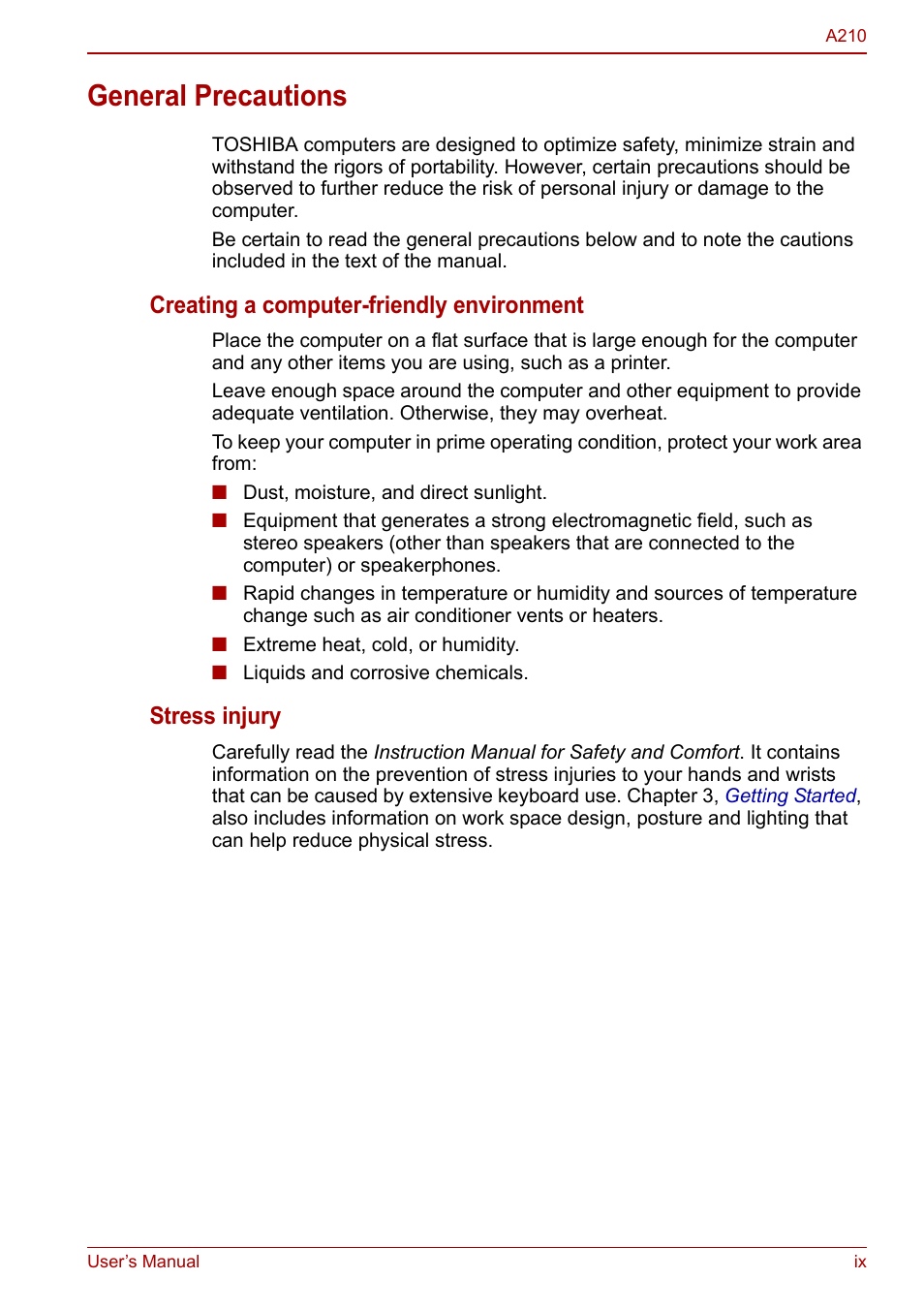 General precautions, Creating a computer-friendly environment, Stress injury | Toshiba Equium A210 User Manual | Page 9 / 170