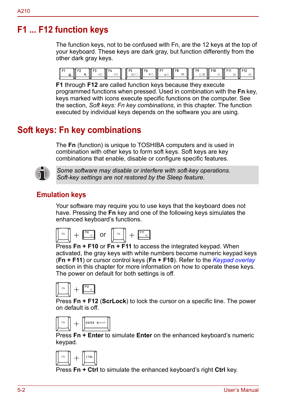 F1 ... f12 function keys, Soft keys: fn key combinations | Toshiba Equium A210 User Manual | Page 90 / 170