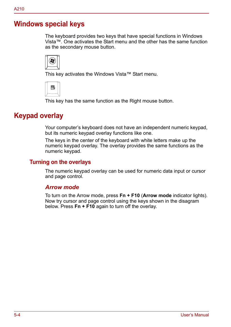 Windows special keys, Keypad overlay, Windows special keys -4 keypad overlay -4 | To the | Toshiba Equium A210 User Manual | Page 92 / 170