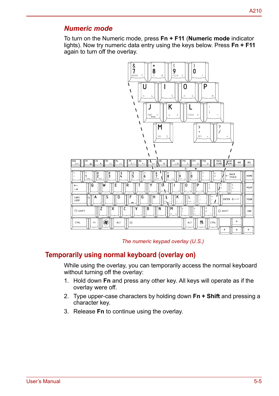 Temporarily using normal keyboard (overlay on) | Toshiba Equium A210 User Manual | Page 93 / 170