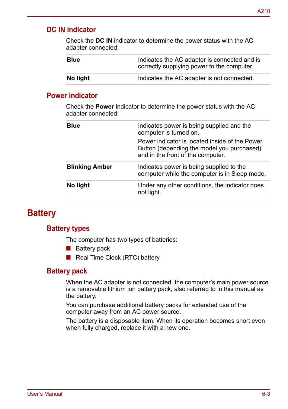 Battery, Battery -3, Dc in indicator | Power indicator, Battery types, Battery pack | Toshiba Equium A210 User Manual | Page 97 / 170