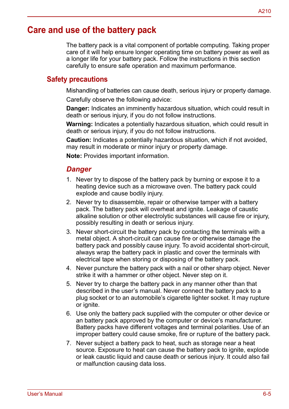 Care and use of the battery pack, Care and use of the battery pack -5, Safety precautions | Toshiba Equium A210 User Manual | Page 99 / 170