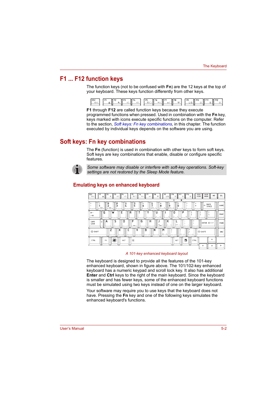 F1 ... f12 function keys, Soft keys: fn key combinations | Toshiba Satellite A300 User Manual | Page 112 / 201