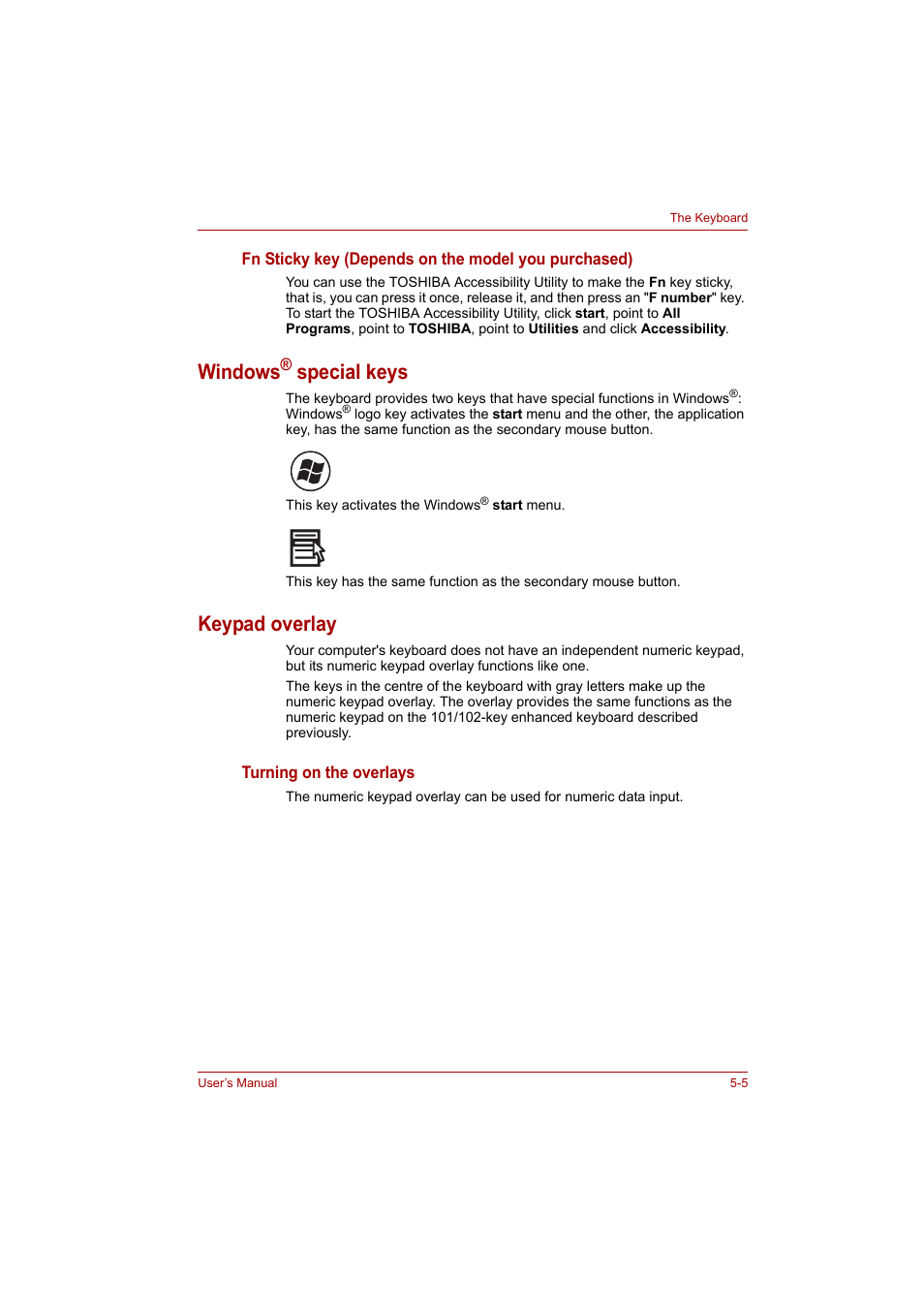 Windows® special keys, Keypad overlay, Windows® special keys -5 keypad overlay -5 | Windows, Special keys | Toshiba Satellite A300 User Manual | Page 115 / 201