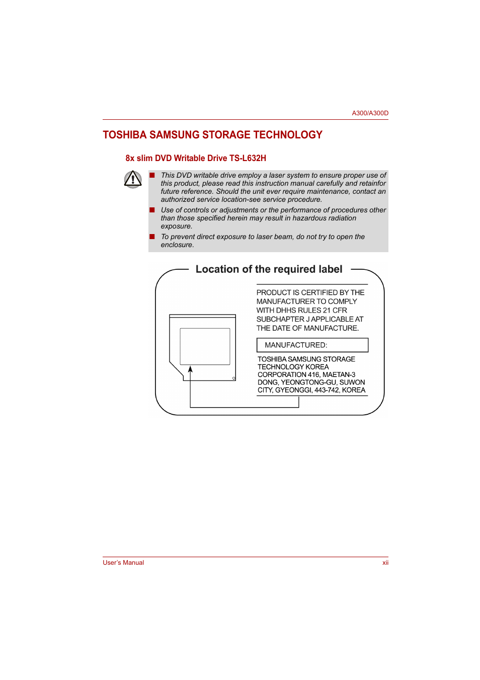 Toshiba samsung storage technology | Toshiba Satellite A300 User Manual | Page 12 / 201