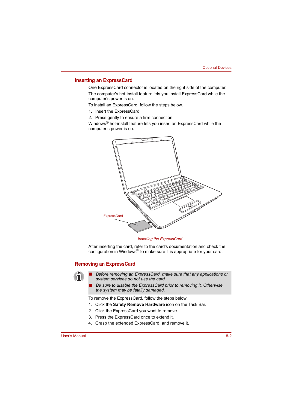 Inserting an expresscard, Removing an expresscard | Toshiba Satellite A300 User Manual | Page 135 / 201