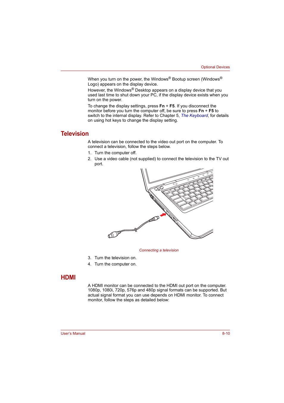 Television, Hdmi, Television -10 hdmi -10 | Toshiba Satellite A300 User Manual | Page 143 / 201