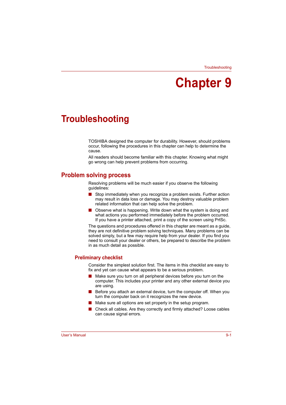 Chapter 9: troubleshooting, Problem solving process, Chapter 9 | Troubleshooting, Problem solving process -1 | Toshiba Satellite A300 User Manual | Page 148 / 201