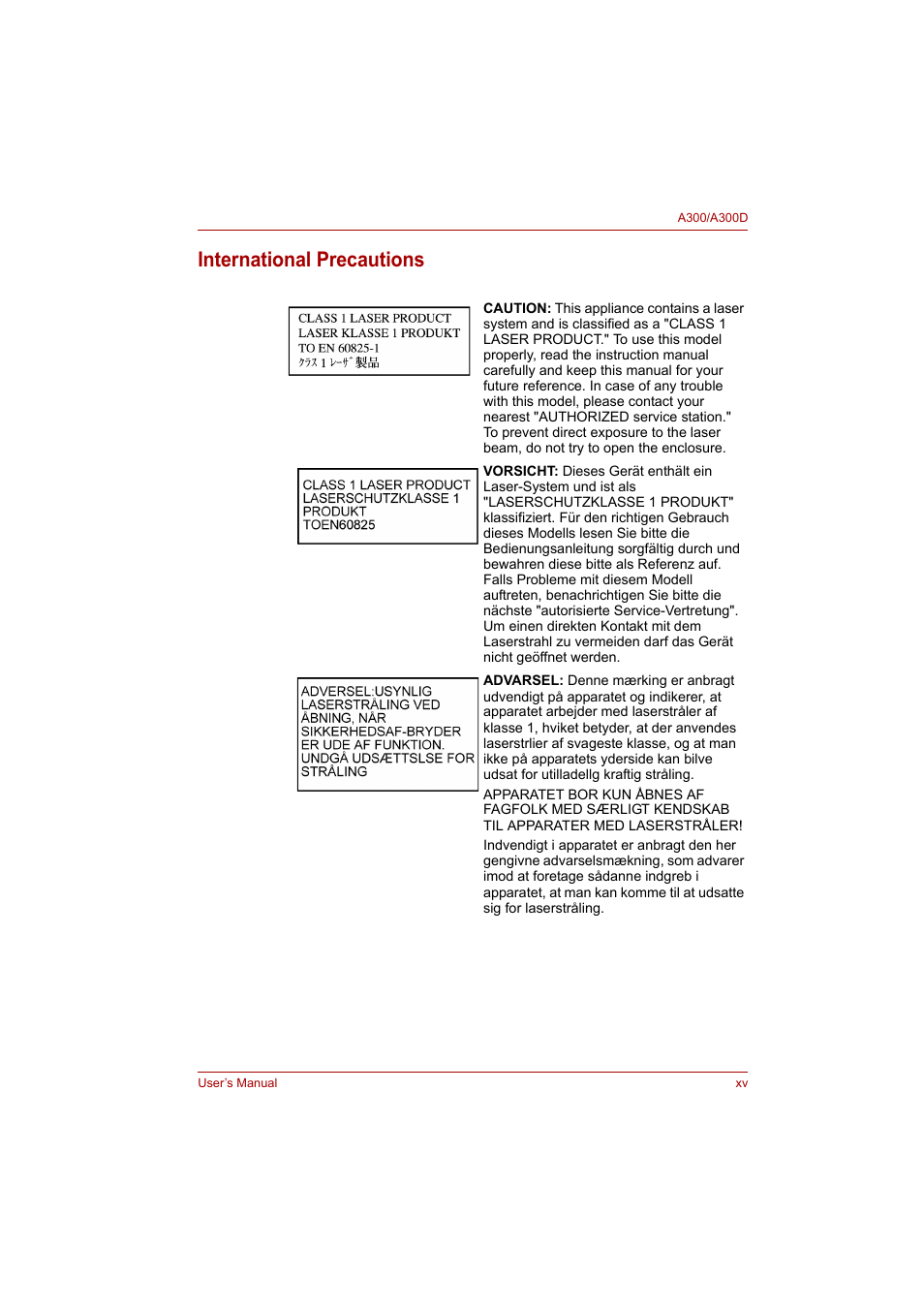 International precautions | Toshiba Satellite A300 User Manual | Page 15 / 201