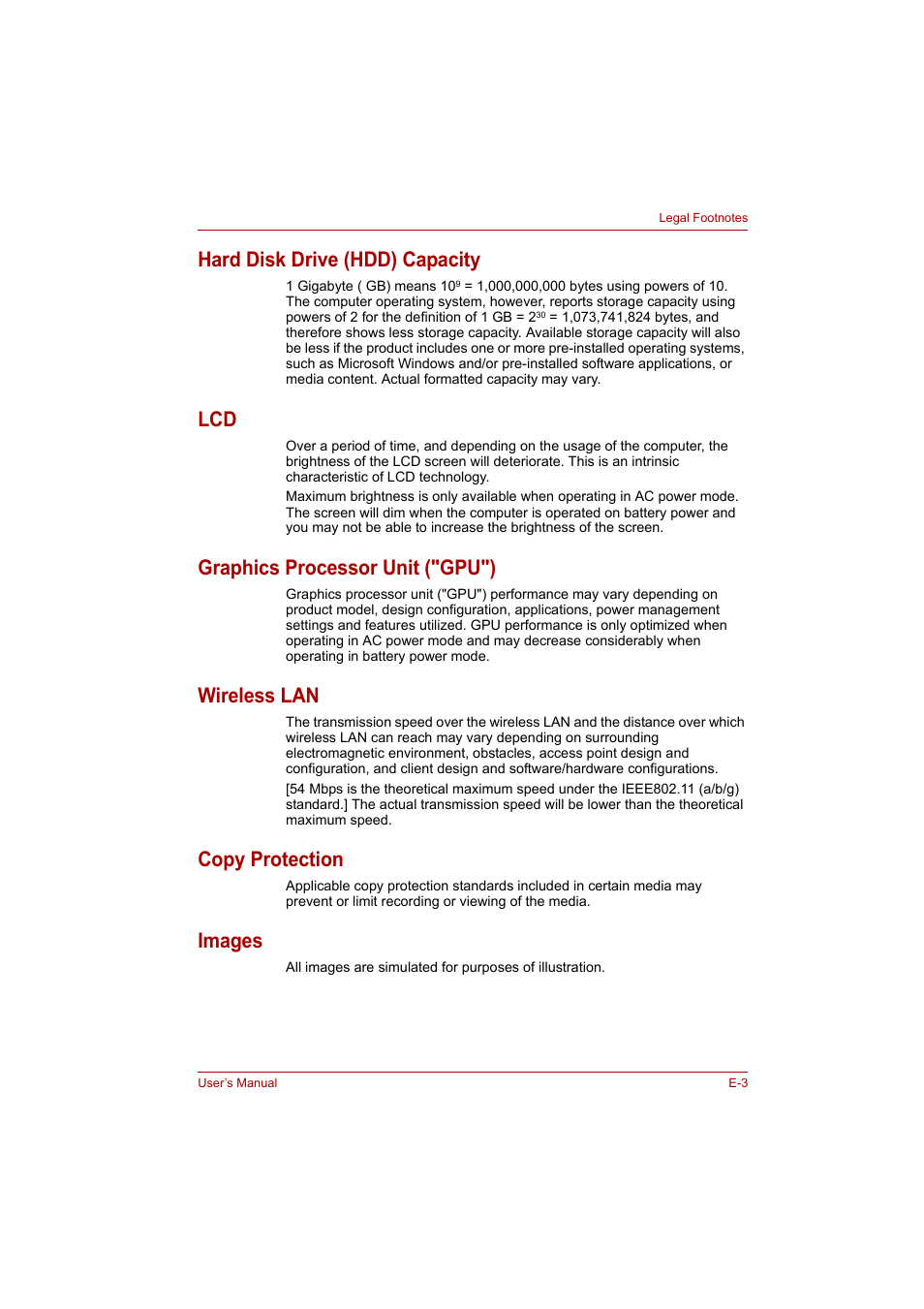 Hard disk drive (hdd) capacity, Graphics processor unit ("gpu"), Wireless lan | Copy protection, Images | Toshiba Satellite A300 User Manual | Page 180 / 201