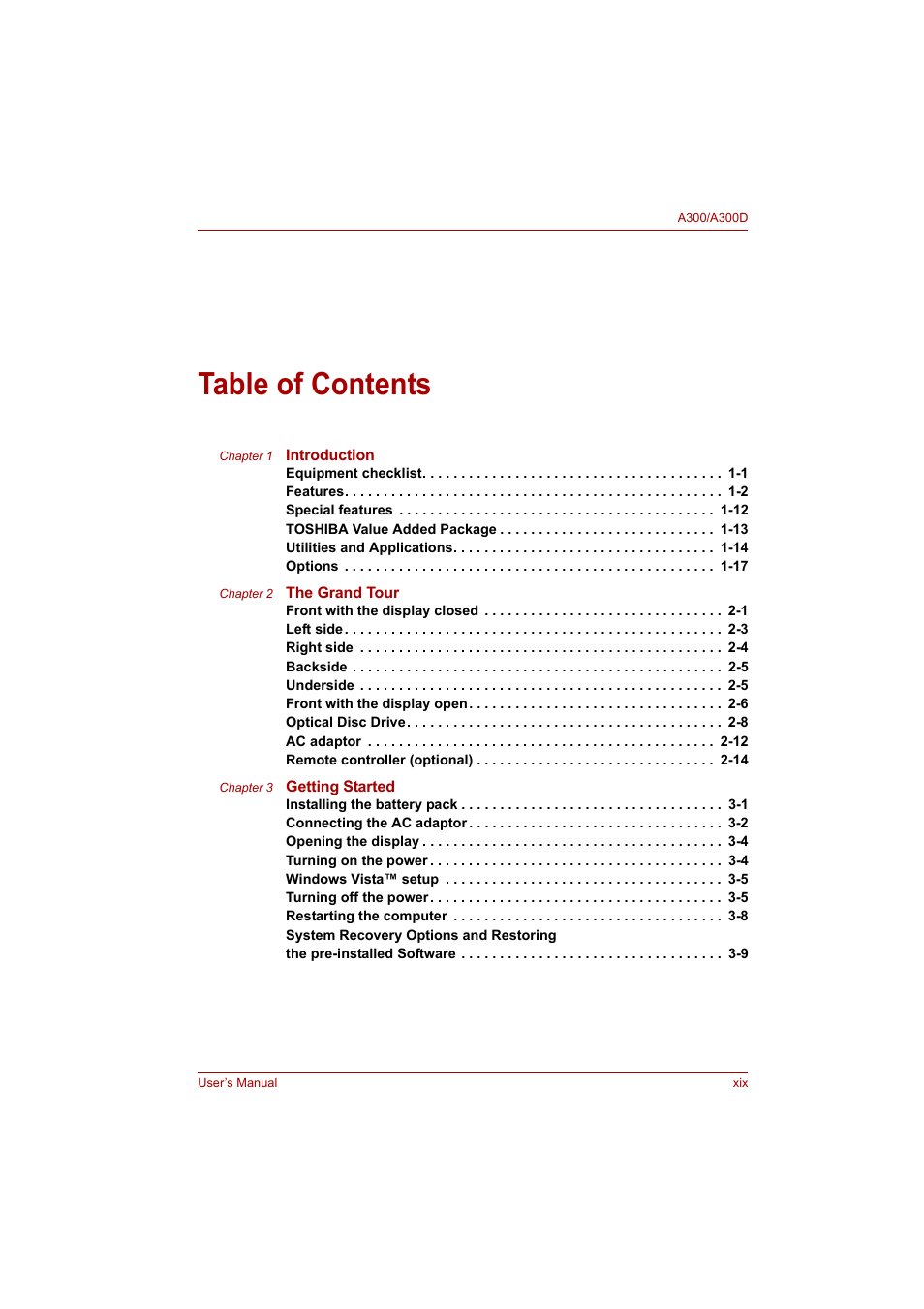 Toshiba Satellite A300 User Manual | Page 19 / 201