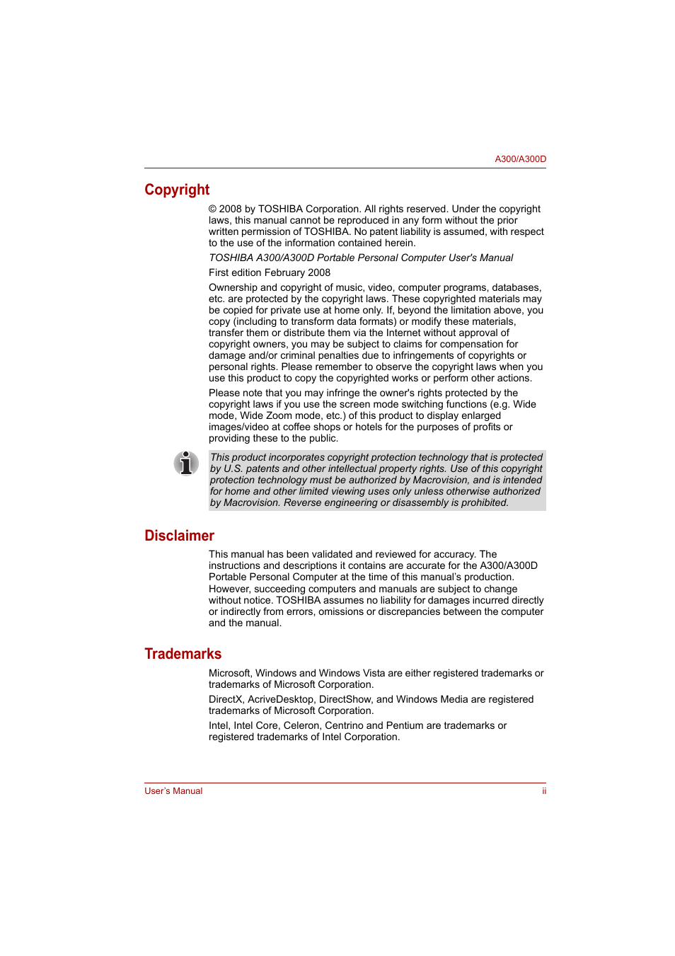 Copyright, Disclaimer, Trademarks | Toshiba Satellite A300 User Manual | Page 2 / 201
