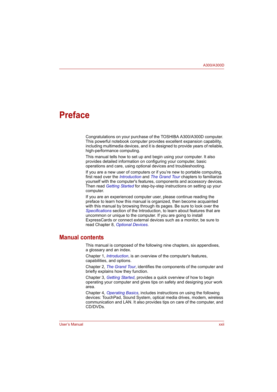 Preface, Manual contents | Toshiba Satellite A300 User Manual | Page 22 / 201