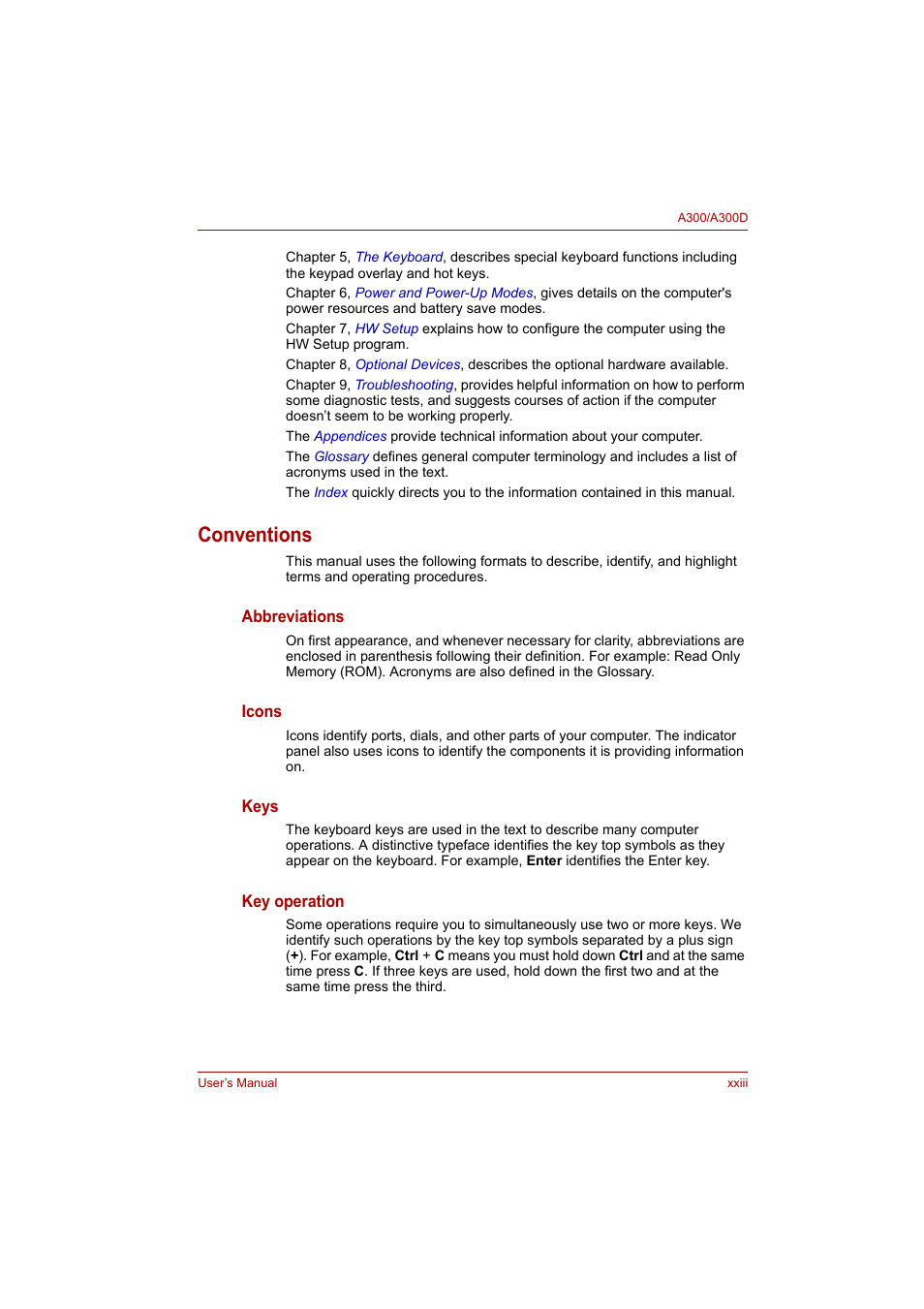 Conventions | Toshiba Satellite A300 User Manual | Page 23 / 201