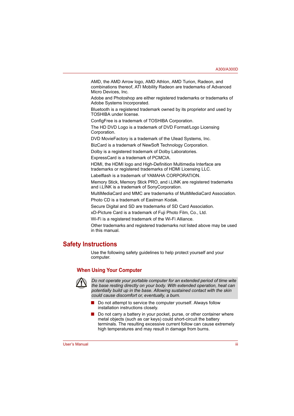 Safety lnstructions | Toshiba Satellite A300 User Manual | Page 3 / 201