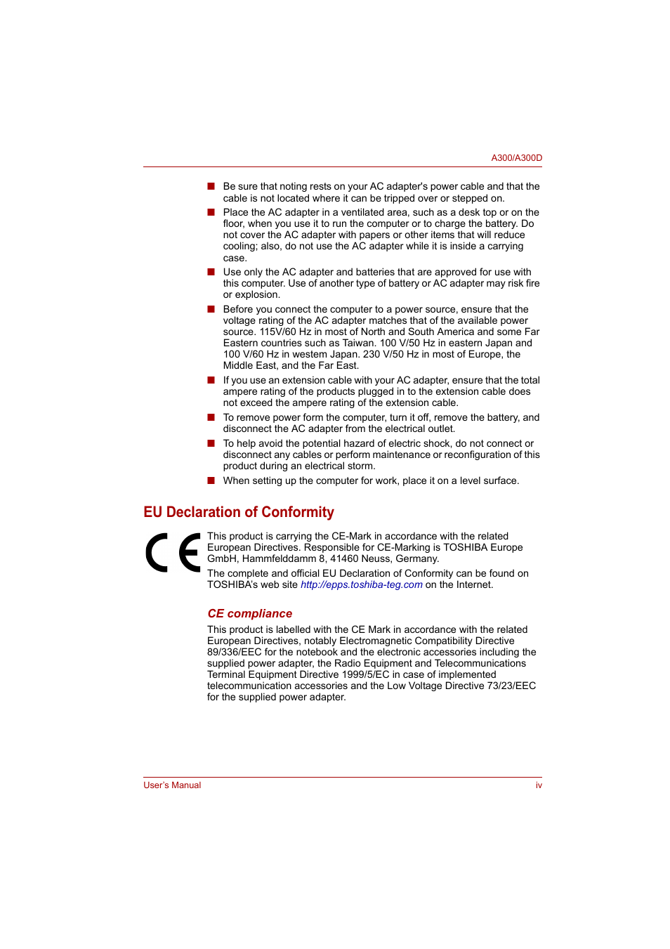 Eu declaration of conformity | Toshiba Satellite A300 User Manual | Page 4 / 201