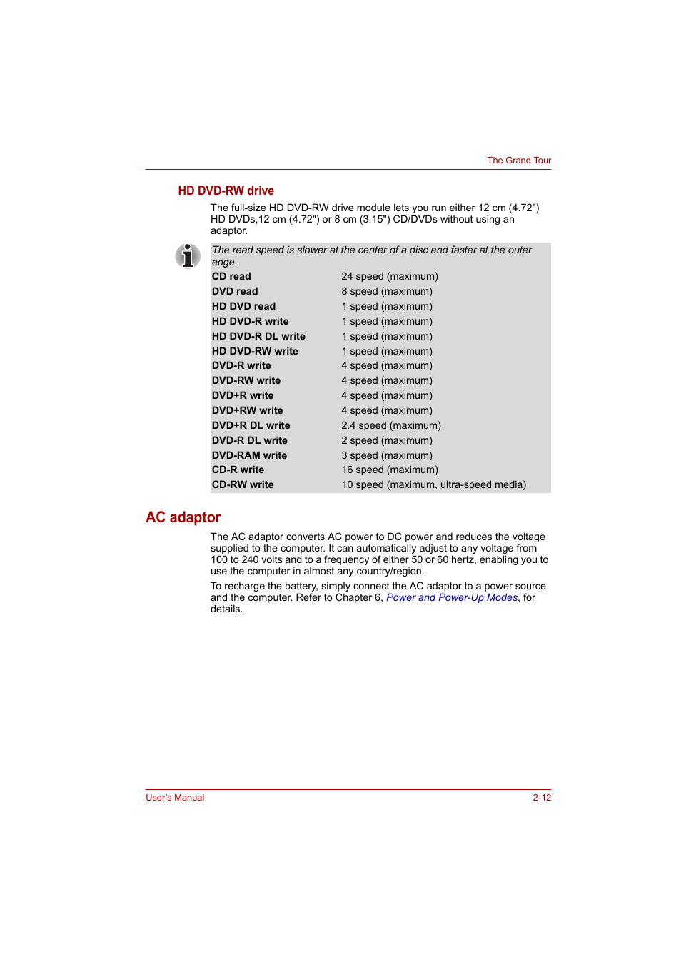 Ac adaptor, Ac adaptor -12 | Toshiba Satellite A300 User Manual | Page 53 / 201