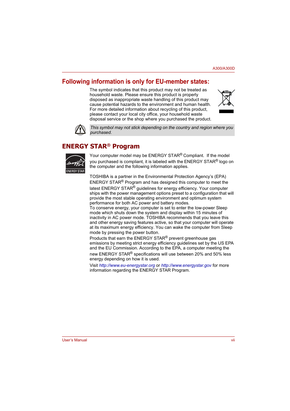 Following information is only for eu-member states, Energy star, Program | Toshiba Satellite A300 User Manual | Page 7 / 201