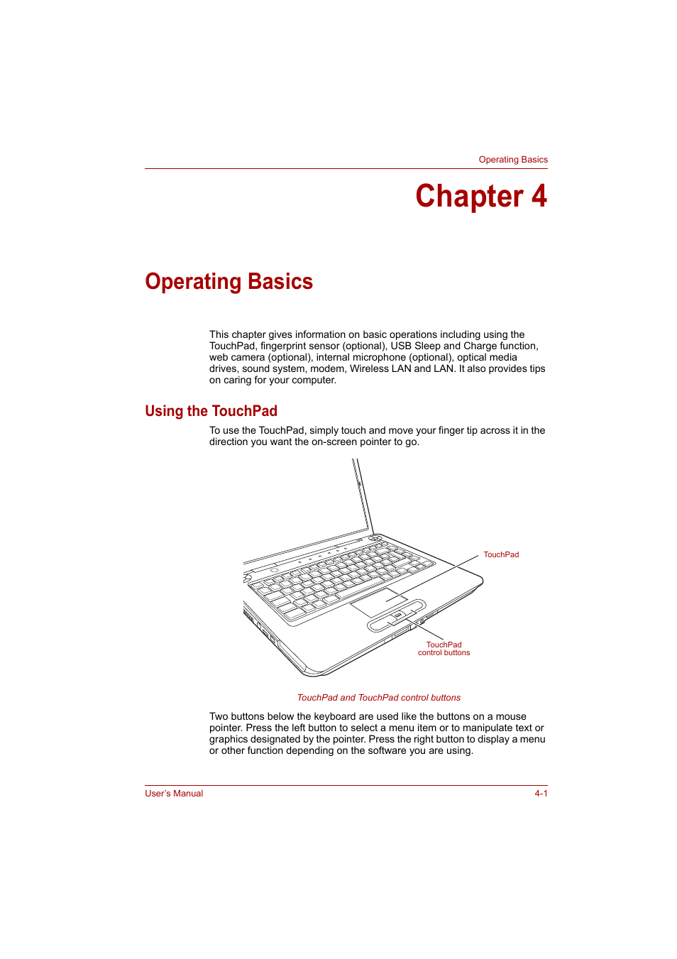 Chapter 4: operating basics, Using the touchpad, Chapter 4 | Operating basics, Using the touchpad -1, Operating, Basics | Toshiba Satellite A300 User Manual | Page 74 / 201