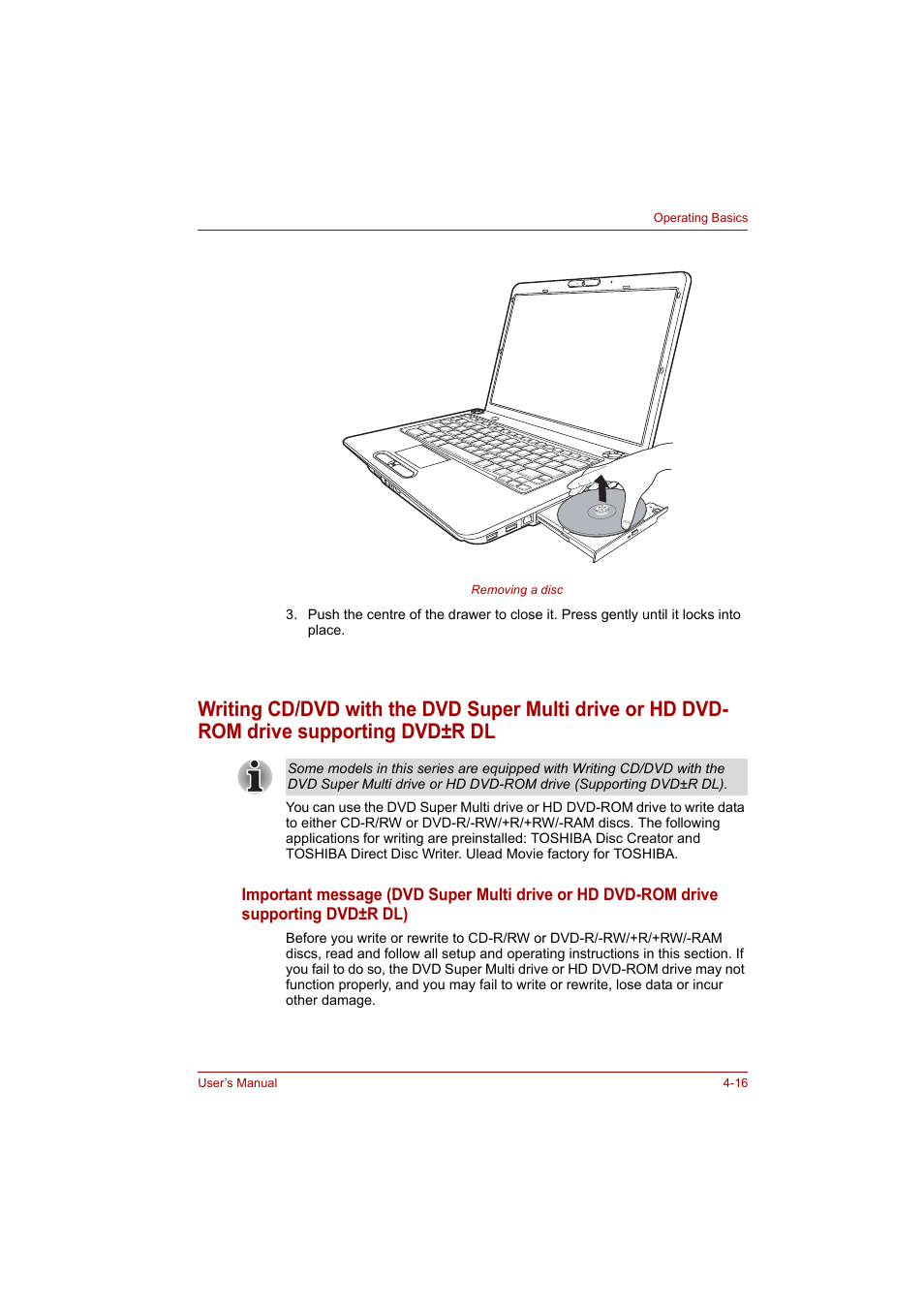 Writing cd/dvd with the dvd super multi drive or, Hd dvd-rom drive supporting dvd±r dl, Secti | Toshiba Satellite A300 User Manual | Page 89 / 201