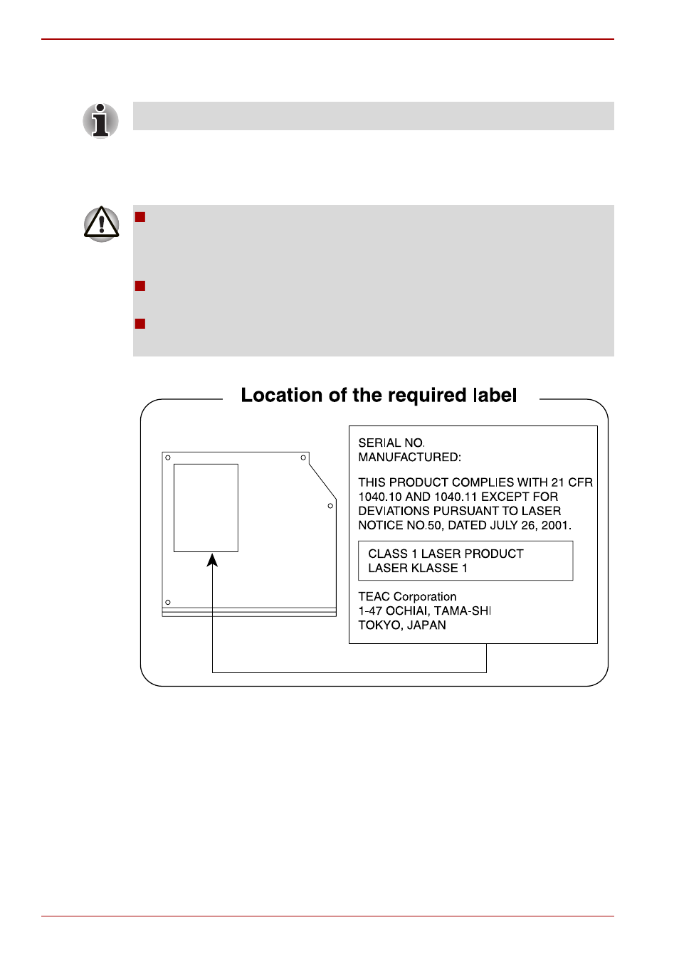 Optical disc drive safety instructions, Teac | Toshiba Tecra A11 User Manual | Page 12 / 230