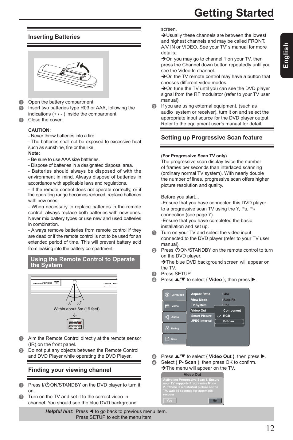 Getting started, Eng lis h, Inserting batteries | Using the remote control to operate the system, Finding your viewing channel, Setting up progressive scan feature | Toshiba SD190 User Manual | Page 13 / 27