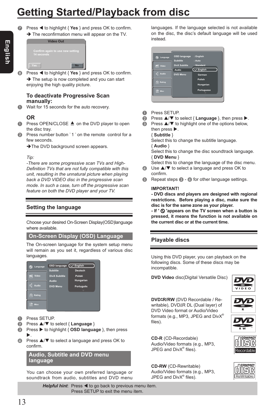 Getting started/playback from disc, Eng lis h, Setting the language | On-screen display (osd) language, Audio, subtitle and dvd menu language, Playable discs | Toshiba SD190 User Manual | Page 14 / 27