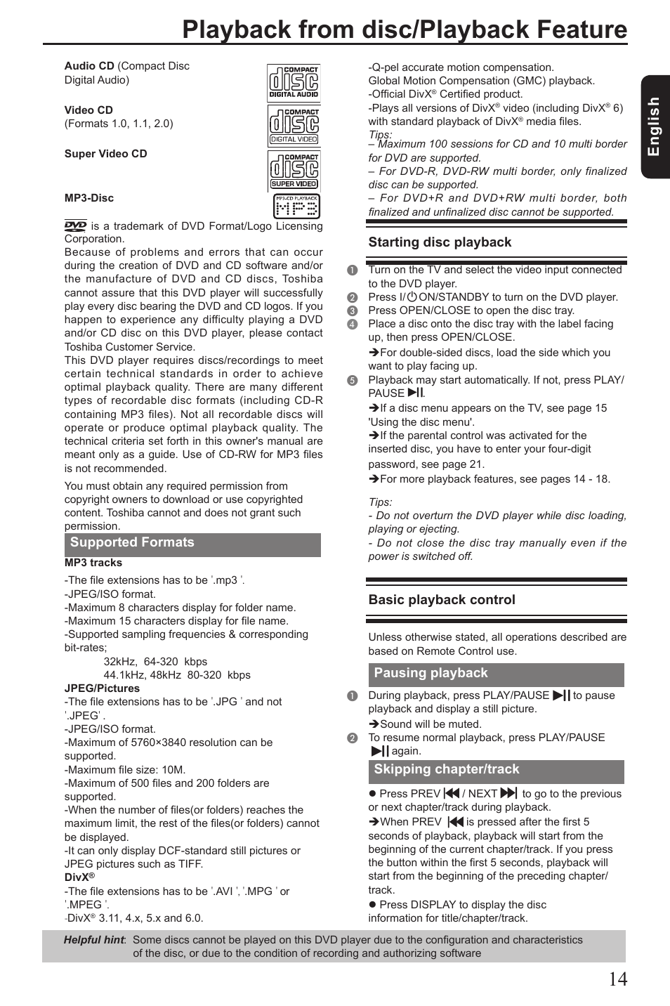 Playback from disc/playback feature, Eng lis h, Supported formats | Starting disc playback, Basic playback control, Pausing playback, Skipping chapter/track | Toshiba SD190 User Manual | Page 15 / 27