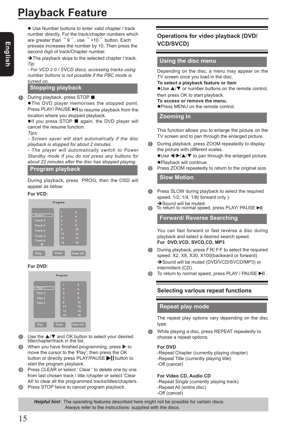 Playback feature, Eng lis h, Stopping playback | Program playback, Operations for video playback (dvd/ vcd/svcd), Using the disc menu, Zooming in, Slow motion, Forward/ reverse searching, Selecting various repeat functions | Toshiba SD190 User Manual | Page 16 / 27