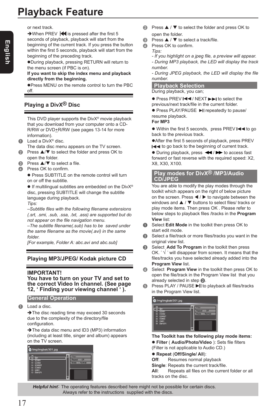 Playback feature, Eng lis h, Playback selection | Play modes for divx® /mp3/audio cd/jpeg, Playing a divx® disc, General operation | Toshiba SD190 User Manual | Page 18 / 27