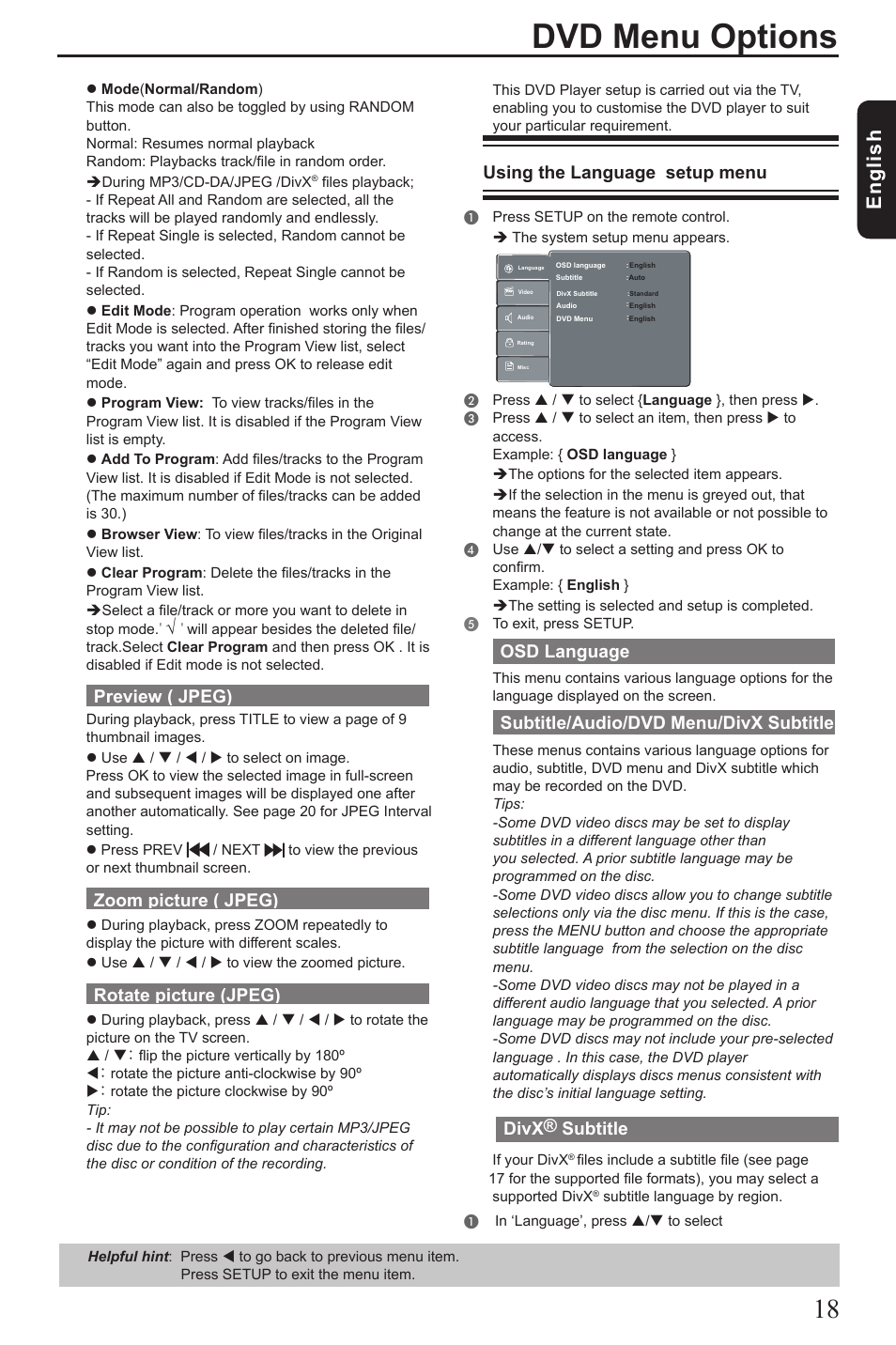 Dvd menu options, Eng lis h, Using the language setup menu | Osd language, Subtitle/audio/dvd menu/divx subtitle, Divx® subtitle, Preview ( jpeg), Zoom picture ( jpeg), Rotate picture (jpeg) | Toshiba SD190 User Manual | Page 19 / 27