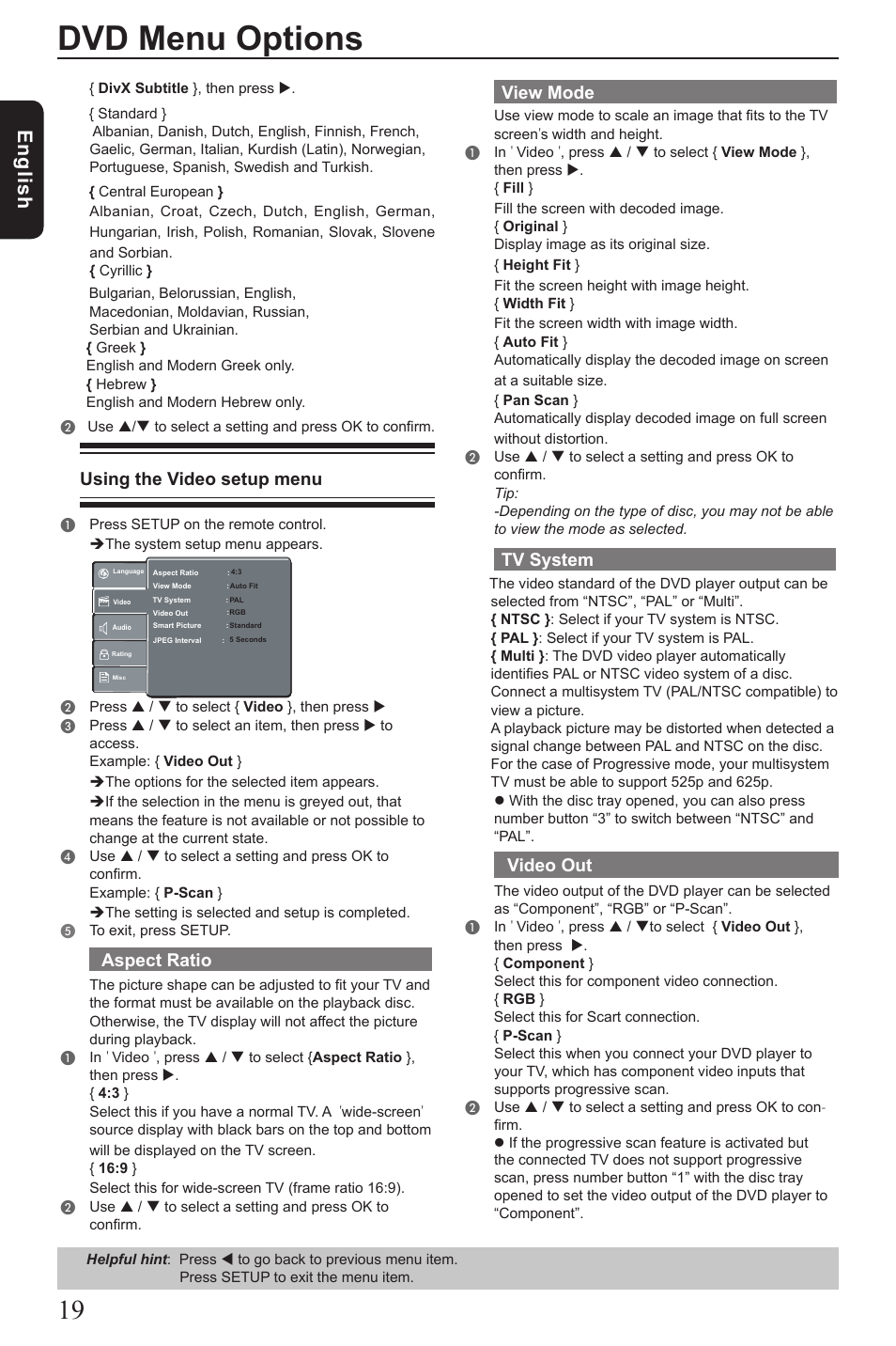 Dvd menu options, Eng lis h, Using the video setup menu | Aspect ratio, View mode, Tv system, Video out | Toshiba SD190 User Manual | Page 20 / 27