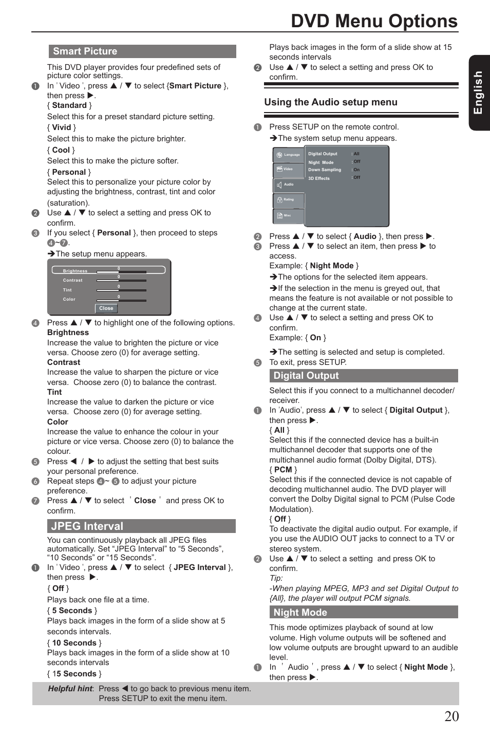 Dvd menu options, Eng lis h, Jpeg interval | Smart picture, Using the audio setup menu, Digital output, Night mode | Toshiba SD190 User Manual | Page 21 / 27