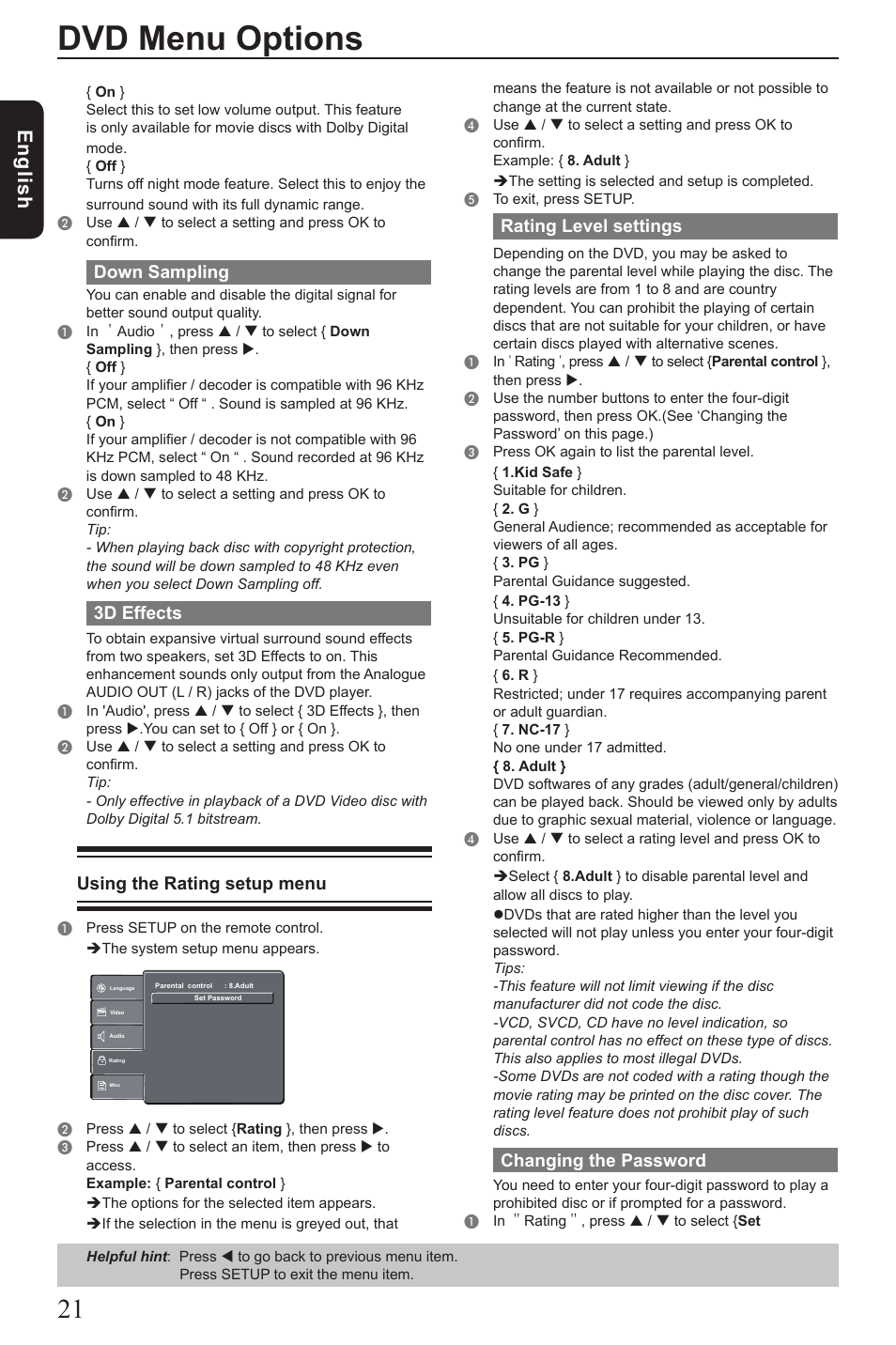 Dvd menu options, Eng lis h, Down sampling | 3d effects, Using the rating setup menu, Rating level settings, Changing the password | Toshiba SD190 User Manual | Page 22 / 27